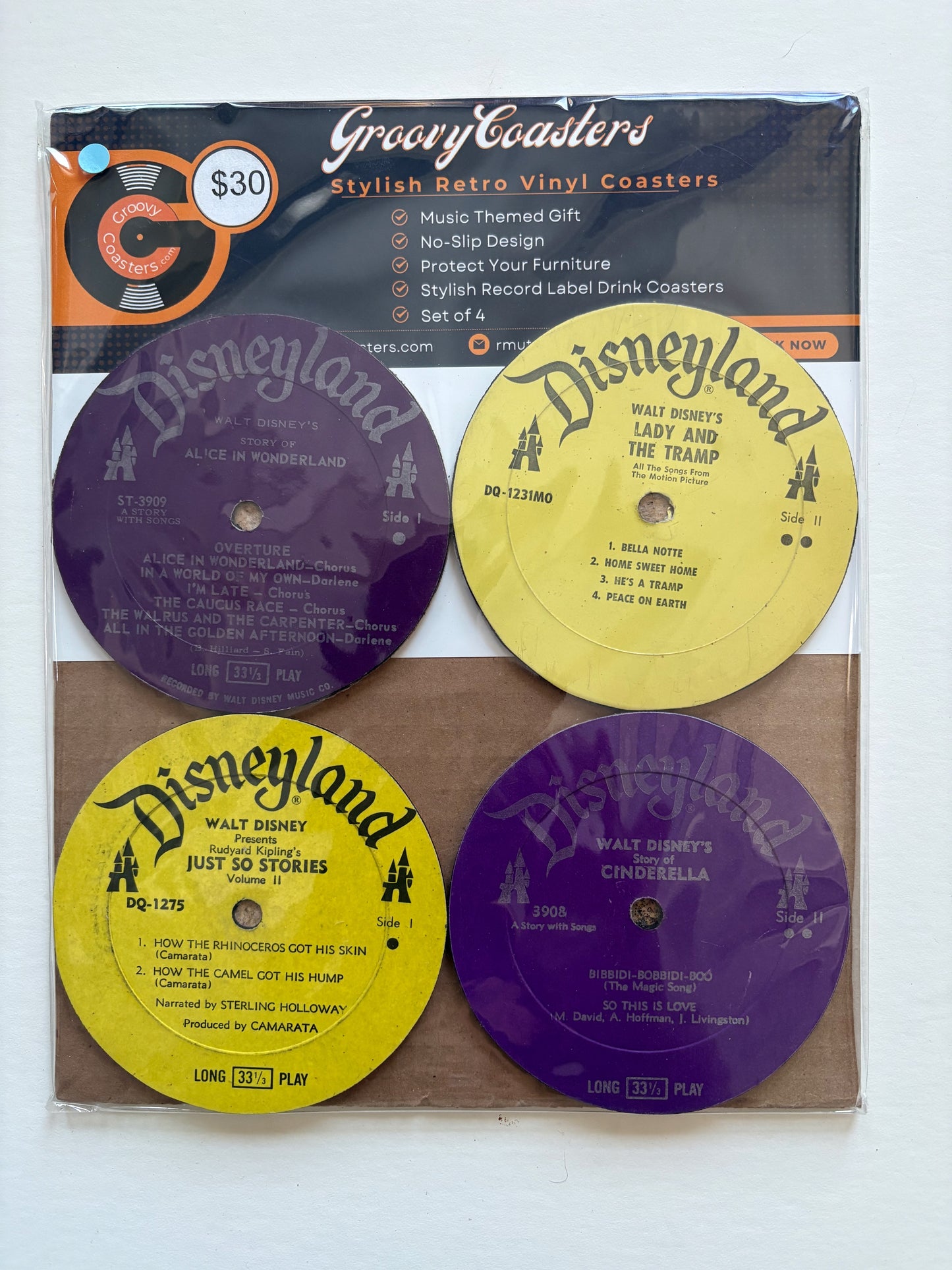 walt disney-disneyland record lp label drink coaster set
