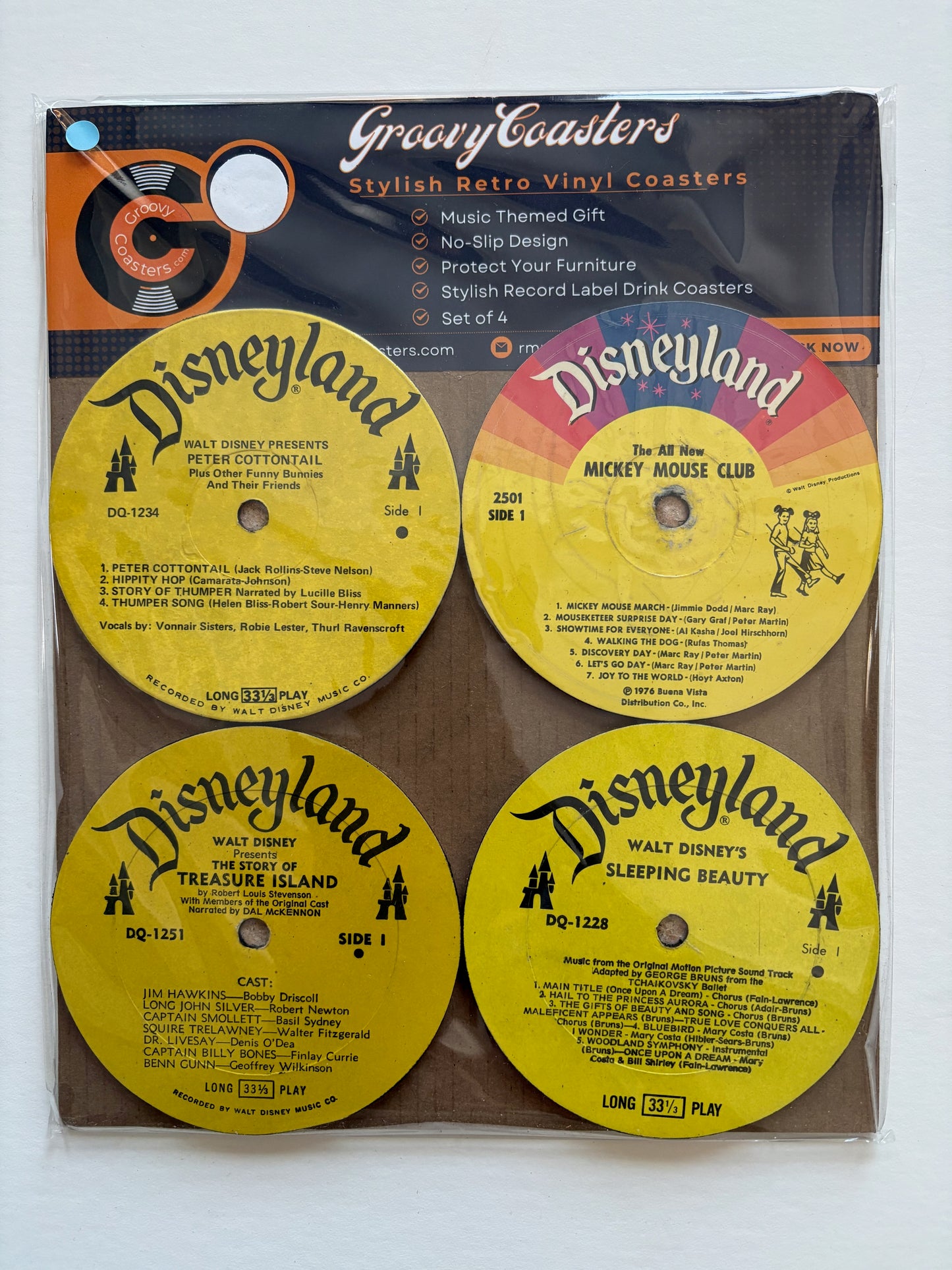walt disney-disneyland record lp label drink coaster set