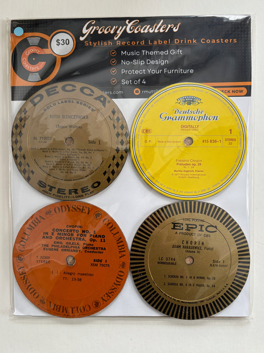 frederic chopin premium vintage lp record label drink coaster set