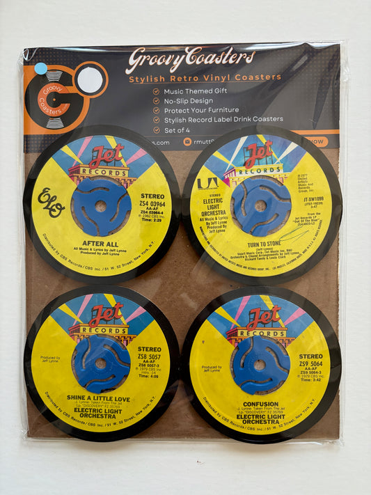e.l.o. premium vintage record 45 label drink coaster set
