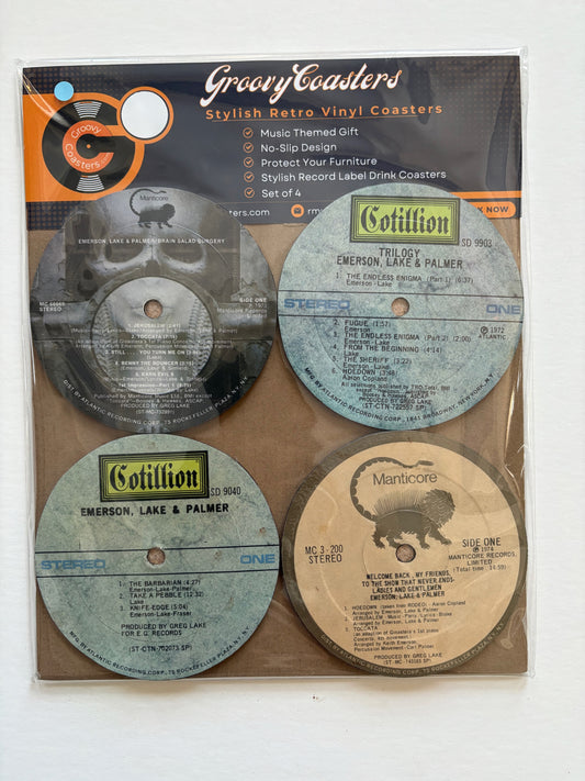 emerson lake and palmer premium vintage record lp label drink coaster set
