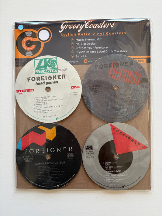 foreigner premium vintage record lp label drink coasters set