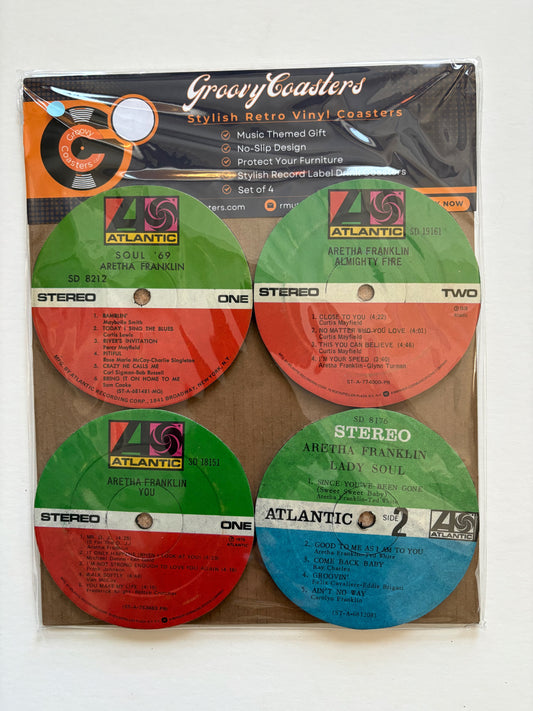 aretha franklin premium vintage record lp label drink coaster set